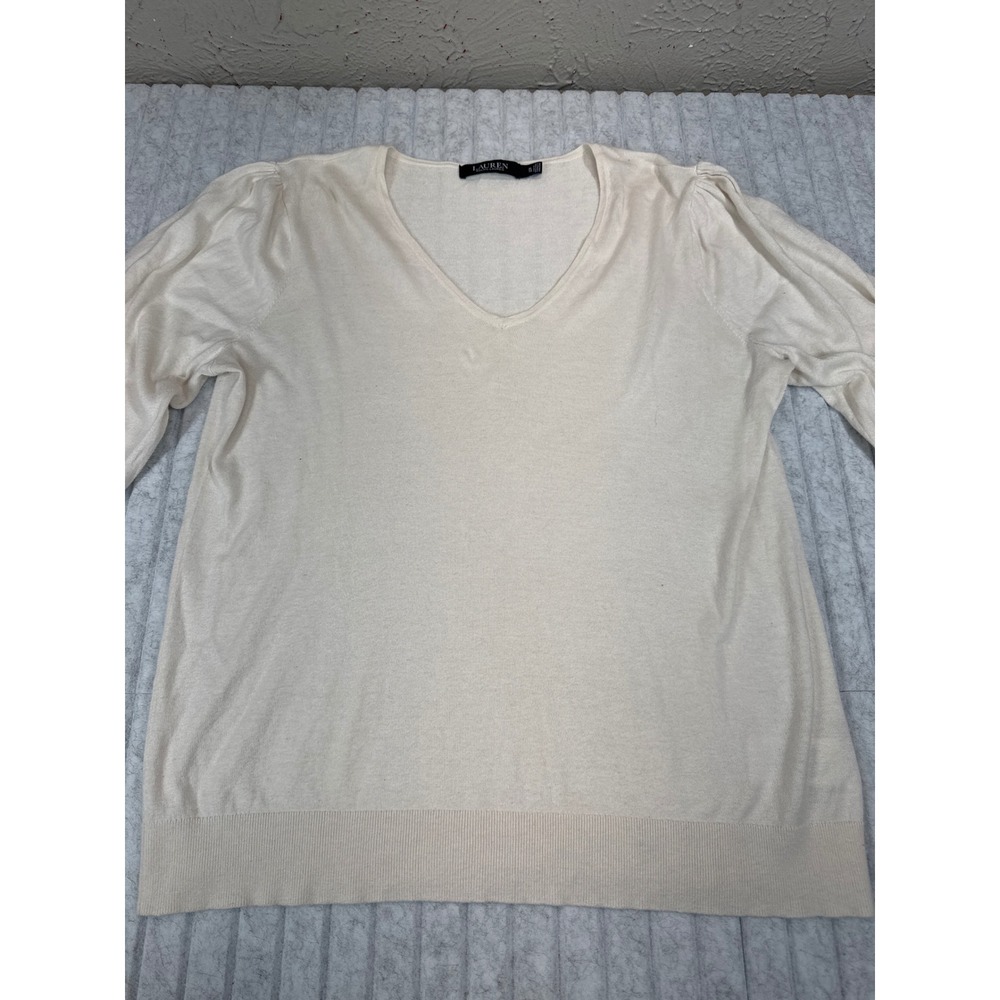 Lauren Ralph Lauren Cream V-Neck Sweater Ruffle‎ Button Cuff Puff Shoulder XL